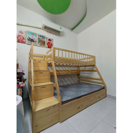 EU192 - Natural : Giường 2 Tầng, 2 Hộc Kéo + Cầu Thang Đảo Chiều, Giá Sách - Trên 1m / Dưới 1m4